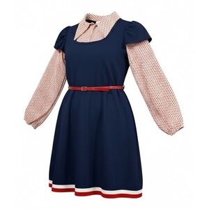 Vintage Growing Girl Petticoat Navy Polka Dot Dress Girls 14 Belted